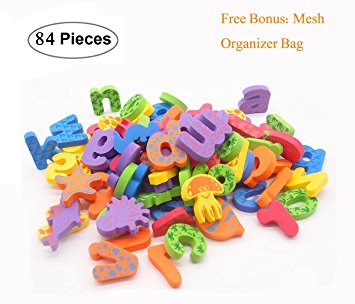 Kids Bath Toys w/ Mesh Organizer Bag - Pack of 84 pcs- Baby Educational Bathroom Alphabet Toys Doopo - Non-toxic EVA Letters Sea Animals Numbers