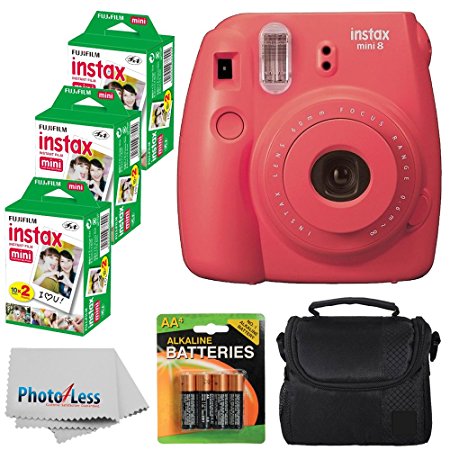 Fujifilm Instax Mini 8 Instant Film Camera (Raspberry) With Fujifilm Instax Mini 6 Pack Instant Film (60 Shots)   Compact Bag Case   Batteries Top Kit - International Version (No Warranty)