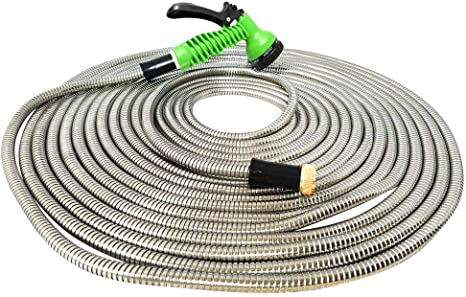 MTB 304 Stainless Steel Garden Hose 50-ft with Spray Nozzle and 3/4” Solid Aluminum Connectors, Metal Water Hose…