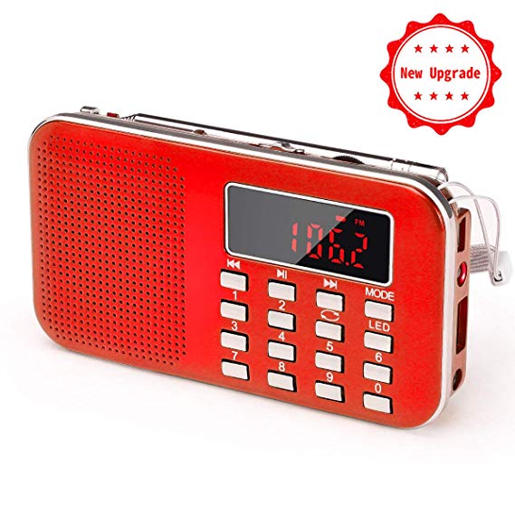 PRUNUS J-908 Mini Portable Pocket AM FM Radio with LED Flashlight, Digital Radio Speaker Music Player Support Micro SD/TF Card/USB, Auto Scan Save, 1200mAh Rechargeable Battery Operated(Red)