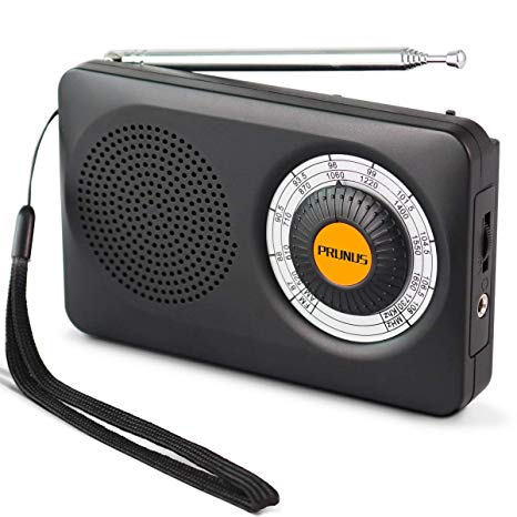 PRUNUS J-115 FM/AM(MW) DSP Transistor Portable Radio, Operated by 2 AA Batteries, [Include a pair of free earphones], with 360° Rotating Antenna, 270° Anti-slip Tuning Knob.