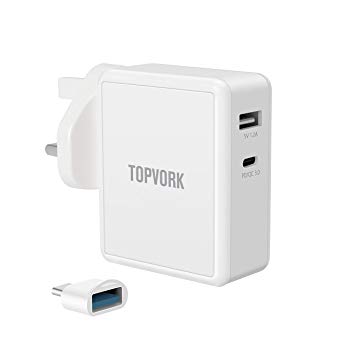 TOPVORK USB C Charger, 45W Dual with Type-C to USB-A Adapter QC 3.0 and PD 3.0 Universal Travel Wall Charger for iPhone XS/XR/X, MacBook, iPad Pro, Pixel C, Galaxy Note 5, LG G5, HTC 10 and More