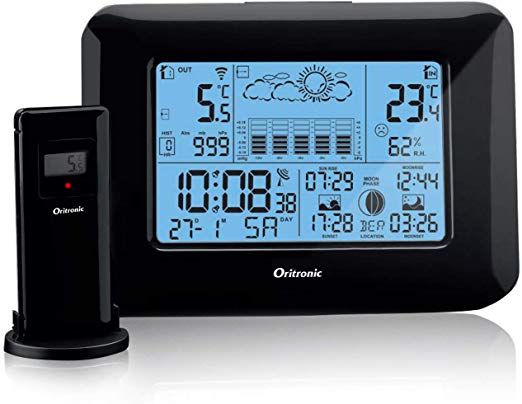 Oritronic Digital Weather Station with Outdoor Indoor Sensor, Radio-Controlled Alarm Clock, Barometer, Temperature, Humidity Monitor, Weather Forecast Station for Home,Black