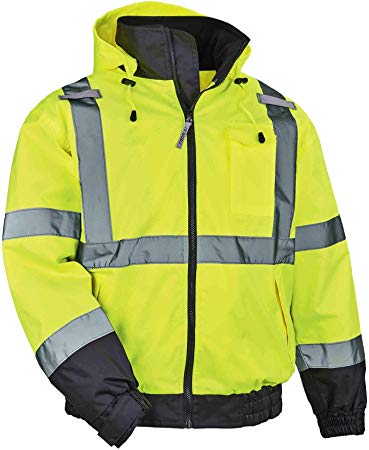 High Visibility Reflective Winter Bomber Jacket, Zip Out Fleece Liner, ANSI Compliant, Ergodyne GloWear 8379, Lime, Large