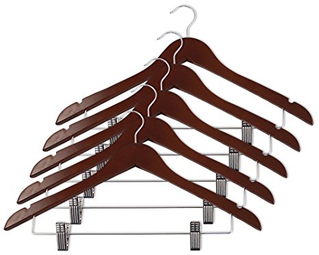 Closet Complete Wood Suit Hanger with Pant/Skirt Clips, Mahogany, Set of 5