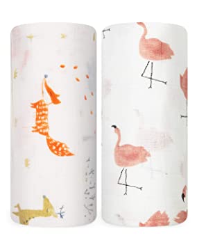 Babebay Baby Swaddle Blanket, Bamboo Muslin Swaddle Blankets for Newborn, Swaddle Wrap Soft Silky Neutral Receiving Blanket for Girls and Boys, 47 x 47 inches, Set of Fox & Flamingo