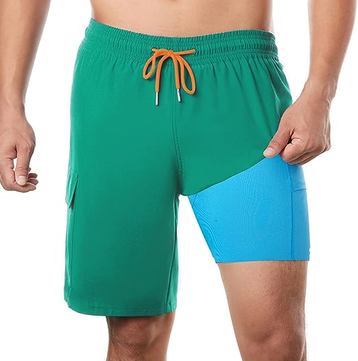 BRISIRA Mens Swim Trunks 9 Inch Inseam Board Shorts with Compression Liner Swimsuit Bathing Suit Quick Dry Cargo Pocket