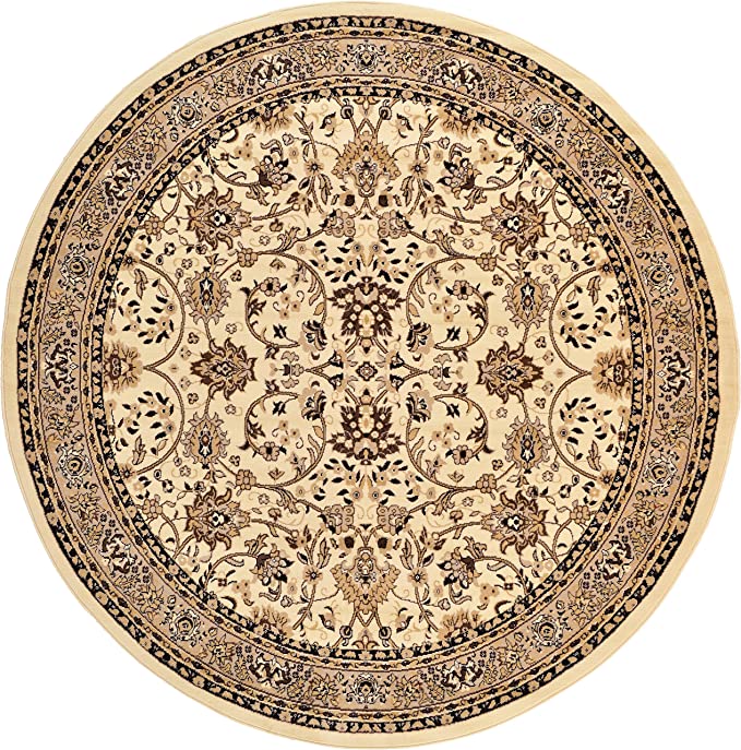 Unique Loom Kashan Collection Traditional Floral Overall Pattern with Border Ivory Round Rug (8' 0 x 8' 0)