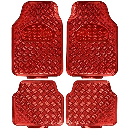 BDK MT-641-RD Universal Fit 4-Piece Set Metallic Design Car Floor Mat-Heavy Duty All Weather with Rubber Backing (Red)