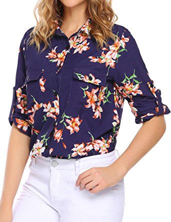 ELESOL Women's Floral Print Roll Up Sleeve Chiffon Button Down Shirts Blouse Tops