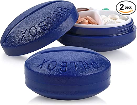 Small Pill Boxes - Pack of 2 - Mini Compact Round Portable 4 Compartment Travel Pills Case Organizer, Vitamin and Medication Dispenser Holder for Up to 4 Times a Day, BPA Free Pill Reminder