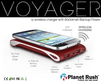 3 in 1 QI Portable Phone Wireless Charger   Anti-slip Stickers & Power Bank 6000 mAh Rechargeable Battery & Dual USB / Untangle Work & Travel with Elegant Style & Luxurious Slim Ergonomic Design (Red)