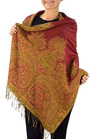 Peach Couture Soft Vintage Persian Paisley Printed Solid Pashmina Shawl Scarf (Red)