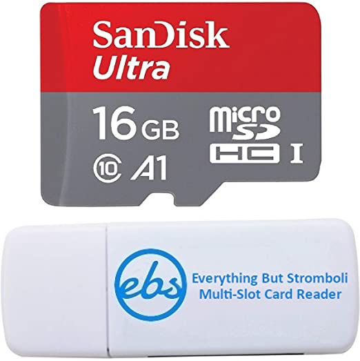 SanDisk Ultra 16GB Micro SD Memory Card Works with Wyze Cam Outdoor, Wyze Cam v3 Smart Camera Class 10 U1 UHS-I (SDSQUAR-016G-GN6MN) Bundle with (1) Everything But Stromboli MicroSDHC & SD Card Reader