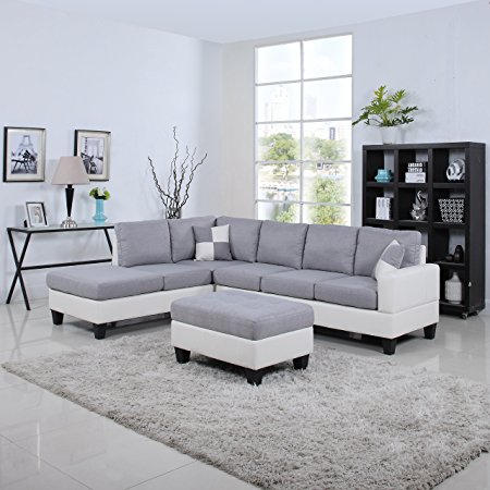 Classic Two Tone Large Linen Fabric and Bonded Leather Living Room Sectional Sofa (White / Light Grey)