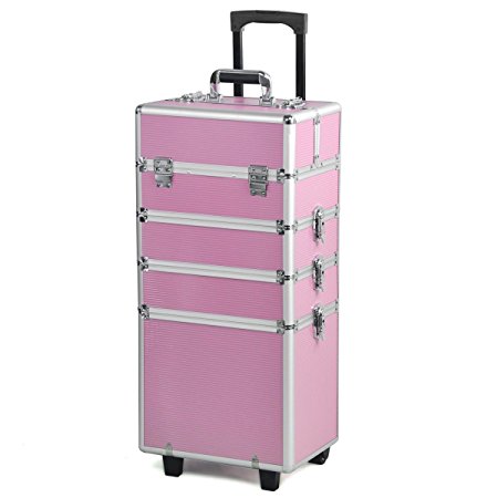 Ogima 4 in 1 Make up Artist Case Aluminum,Cover Board and Easy Clean Extendable Trays (Large Pink)