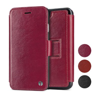 1byone Genuine Leather Wallet Stand Folio Case with Card Slot for iPhone 6 / 6s Plus, Wine Red