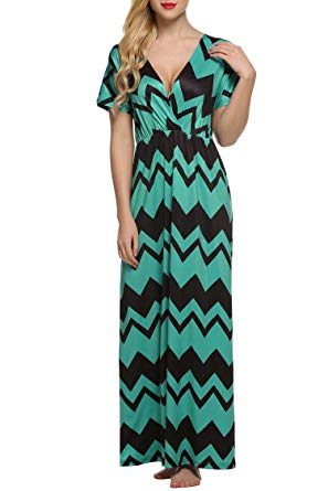 ACEVOG Women V Neck Short Sleeve Boho Floral Stripe Beach Long Maxi Dress