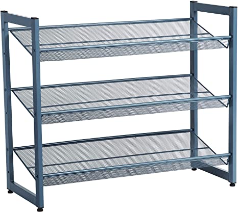 SONGMICS 3 Tier Metal Mesh Shelves Flat or Angled Mount Shoe Rack Shoe Rack Storage Stackable for 9 to 12 Pairs Blue LMR03BU