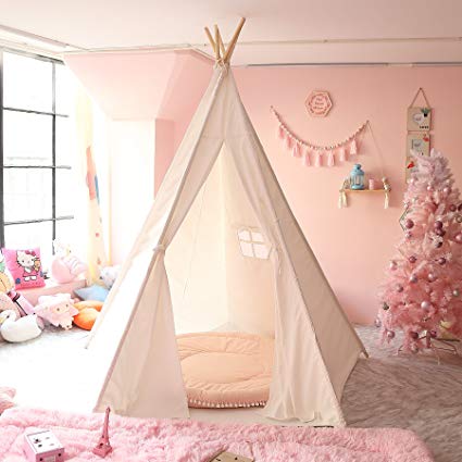 CO-Z Teepee Play Tent Foldable for Kids with Banners - Super Large, for at Least 2 Children - CPST Certificated (5 Poles - 72" Height - Tarp Bottom)