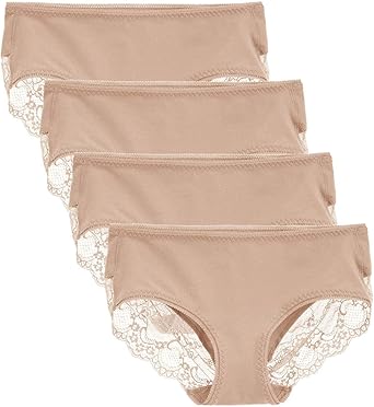 Women's 4 Pack Cotton Mid Rise Full Coverage Lace Hipster Brief Panty Underwear