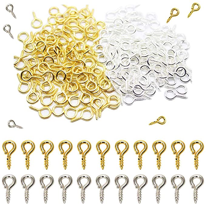 1000 Pieces (Silver&Golded) Small Screw Eye Pins,Mini Metal Hoop peg Screw Eye Pin Hooks for Arts & Crafts Projects, Cork Top Bottles, DIY Jewelry Making Findings, Charm Bead (10 x 5mm) (Gold Silver)