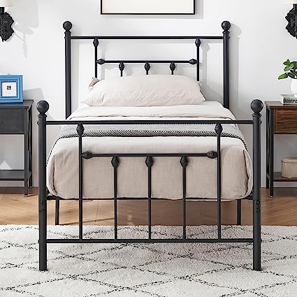 VECELO Twin Size Metal Platform Bed Frame with Headboard,No Box Spring Needed/Mattress Fundation/Victorian Vintage Style,Black