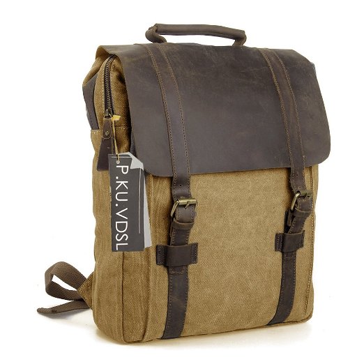 Canvas Backpack, P.KU.VDSL® Laptop Backpack, Vintage Canvas Backpack, Casual Daypacks, Retro Rucksack, Travel Bags, Genuine Leather Shoulder Bag for Men Outdoor Sports Recreation Fit 15" Laptop