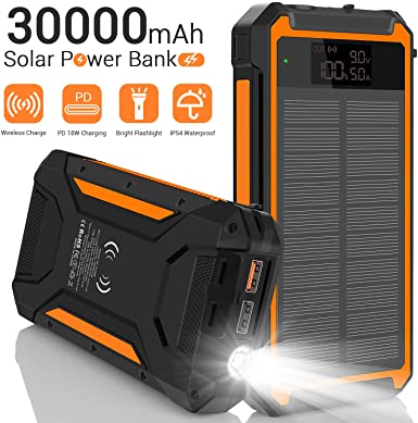Solar Charger 30000mAh, Qi Wireless Solar Power Bank with 10W Wireless Output, High-Efficiency Solar Panel, LCD Display, Flashlight, 3 Outputs, USB C PD 18W External Battery Pack for Camping -Orange