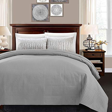 ALPHA HOME Quilted Bed Quilt Bedspread Coverlet Bed Cover Light Weight Luxury Checkered Pattern - Grey, Twin