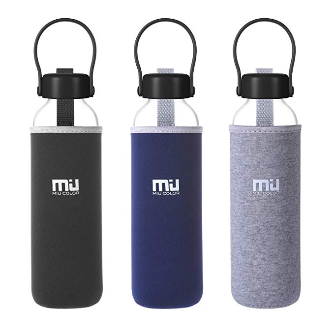 MIU COLOR Glass Water Bottle 550ml with Anti-slip Nylon Sleeve Leak-proof Stainless Steel Cap Borosilicate BPA-Free Eco-Friendly Hot Cold Drink Flask Office Travel Sports Yoga Gym Car