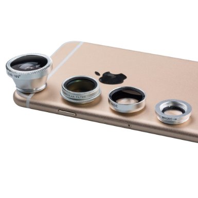 Luxsure® Universal 4 in 1 Camera Lens Kit Fish Eye Lens   2 in 1 Macro Lens   Wide Angle Lens   CPL Lens for iPhone 6/6 Plus/6s/6s plus/5/5S/4/4S,iPad Air/Mini,Samsung Galaxy/Note,Sony Xperia(Silver)