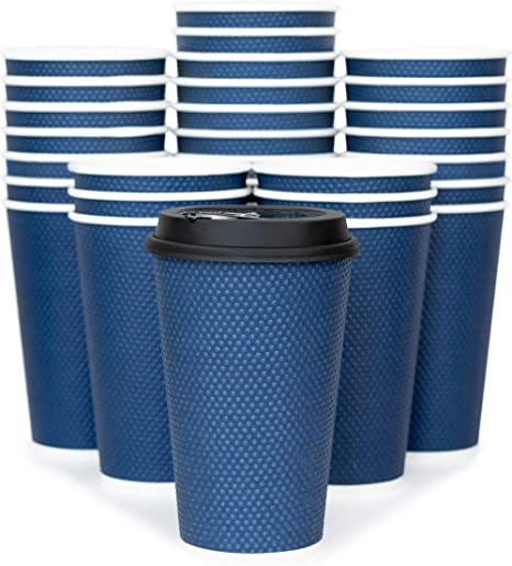 Glowcoast Disposable Coffee Cups With Lids - 16 oz To Go Coffee Cup With Lid (70 Set). Large Togo Travel Paper Hot Cups Insulated For Hot and Cold Beverage Drinks, No Sleeves Needed (Midnight Blue)