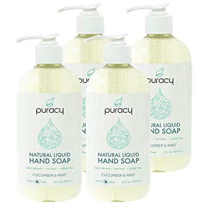 Puracy Natural Liquid Hand Soap, Cucumber & Mint, Vegan Gel Hand Wash, 12 Ounce (4-Pack)