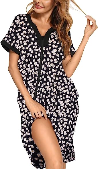 Bloggerlove House Dresses for Womens Robe Long Zip Up House Coat Half Sleeve Night Gowns Comfy Sleepwear Print Loungewear