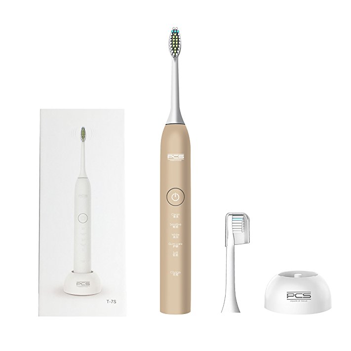 PCS Professional Sonic Electric Toothbrush Wireless Rechargeable Battery 5 Brushing Mode Last for 30 Days with Replacement Heads (Gold)