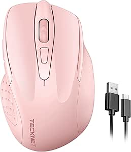 TECKNET Rechargeable Wireless Mouse, 2.4G Silent Mouse, Quiet Click, 6 Adjustable 4800 DPI, Cordless Computer Mouse, Ergonomic Mouse for Laptop, 6 Buttons USB-A Mouse for Chromebook, Ergo Grip - Pink