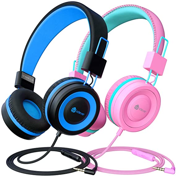 iClever Kids Headphones with Mic 2 Pack - Safe Volume Limited 85dB/94dB, Adjustable Headband, Foldable Wired Headphones for Boys Girls, On-Ear Headphones for School Travel iPad Laptop, Blue/Pink