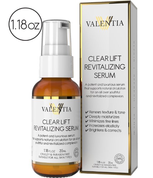 NEW - Valentia Clear Lift Revitalizing Serum - Natural and Organic Ingredients - Includes Wakame Seaweed Lactic Acid Licorice Gotu Kola and Argan Oil - 118 Oz - A New Beginning for your skin