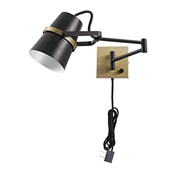 Globe Electric McKibbin 1-Light Plug-In or Hardwire Swing Arm Wall Sconce, Matte Black, Brass Accents, 6ft Black Woven Fabric Cord, Flat Plug, Rotary On/Off Switch 51345