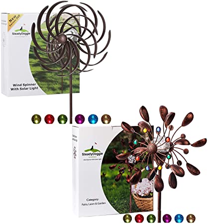Solar Wind Spinner New 75in Jewel Cup With Willow Leaves Improved 360° Swivel Multi-Color Seasonal Led Lighting Solar Powered Glass Ball with Kinetic Wind Spinner Dual Direction for Yard Lawn & Garden