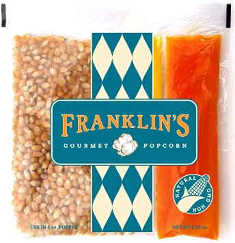 Franklin's Gourmet Movie Theater Popcorn. Organic Popping Corn, 100% Coconut Oil, & Seasoning Salt. Pre-Measured Portion Packs, (Pack of 10), Net Wt 6.25 oz. (use in 4 oz. kettle popper)