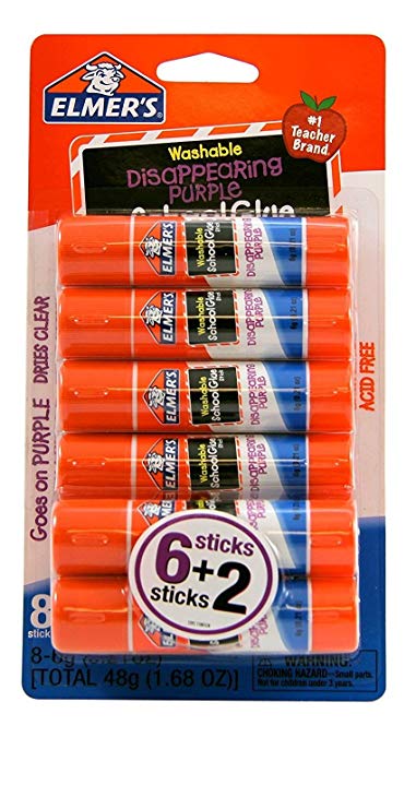 Elmers Washable Disappearing Purple School Glue Sticks, 0.21 Oz., Pack of 6   2 Bonus Sticks