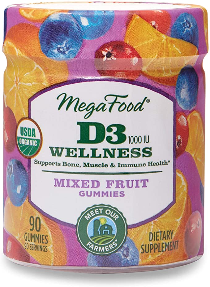MegaFood, Certified Organic D3 Wellness Gummies, Soft Chew 1000 IU Vitamin D Supplement for Bone, Muscle and Immune Support, Gluten Free, Vegetarian, 90 Gummies (45 Servings)