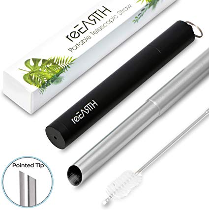 Portable Collapsible Reusable Boba Straw With Pointed Tip, Jumbo Stainless Steel Drinking Straw With Case, With Telescopic Cleaning Brush, Carrying Key Chain - reEARTH (Black)
