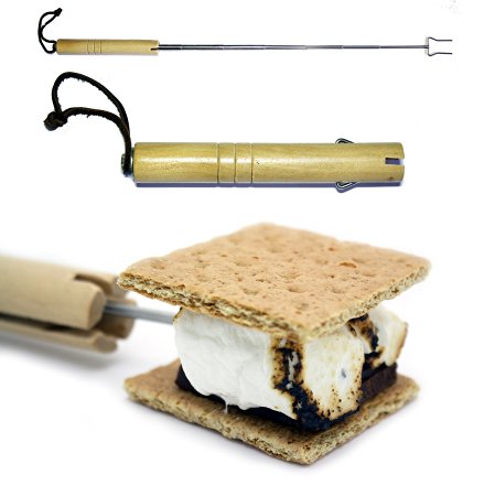 Marshmallow Sticks - Smores Maker - Camping Gear - Telescoping Stainless Steel Marshmallow Roasting Stick with 28" Two Prong Fork and High Quality Wood Handle - Hot Dog Roaster - Campfire Cooking Utensils (2 Pack)