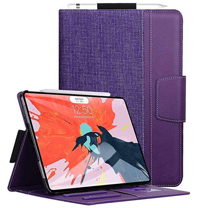 Toplive iPad Pro 12.9 Case (2018), [Support Apple Pencil Charging] Canvas Stand Folio Case Cover for Apple iPad Pro 12.9 inch 2018 with Auto Sleep Wake Function and Multiple Viewing Angles, Purple