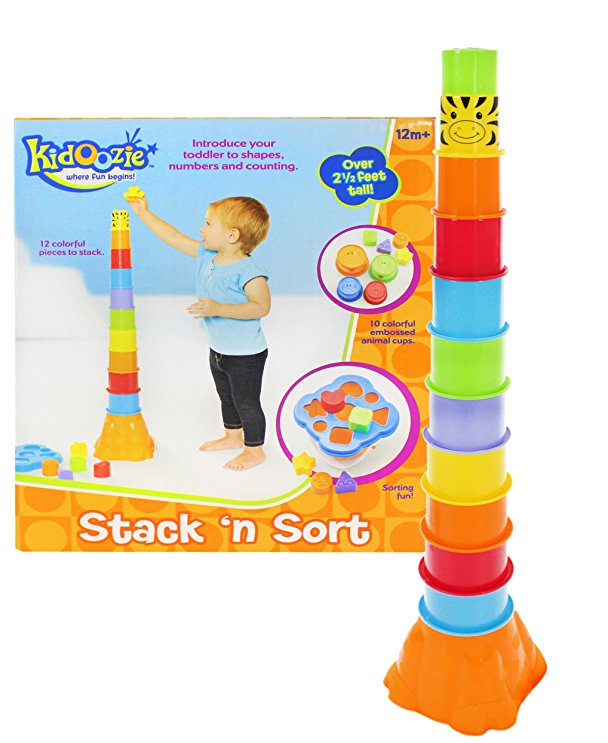 Kidoozie Stack ‘n Sort Toy – 12 Colorful Pieces to Stack and 5 Shapes to Sort