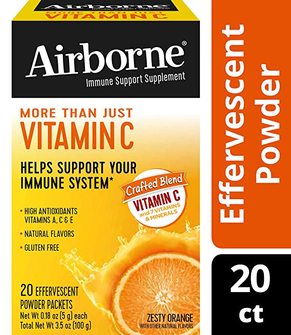 Vitamin C Blend, Airborne Zesty Orange Effervescent Powder Packs (20 Count in Box), On The Go Gluten Free Immune Support Supplement, with Other Natural Flavors and Antioxidants (Vitamins A, C & E)