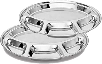 Khandekar Pack of 2 Stainless Steel Round Dinner Plate with 4 Compartment, Food Divided Plate, Cafeteria Mess Tray, Steel Section Plates for Hiking, Camping, Picnic - Silver, 11.5 inch